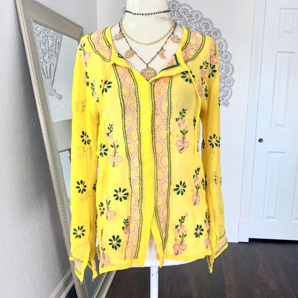 Ethereal Whimsical Floral Embroidered Yellow Multi Silk / Rayon Sheer Top Blouse
